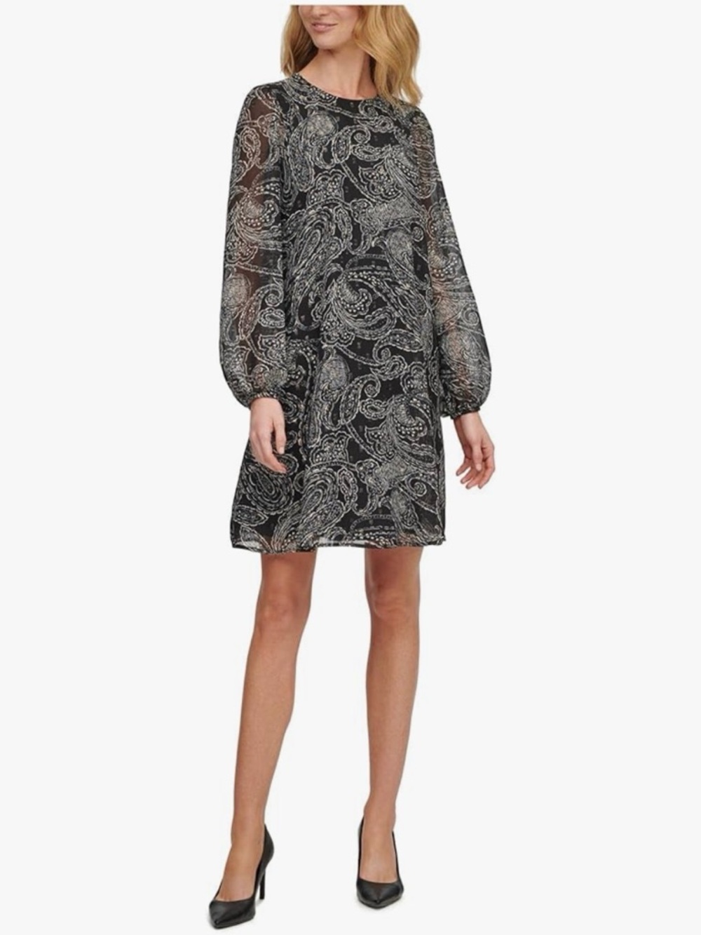 Calvin Klein Black Paisley-Print Long-Sleeve Shift Dress